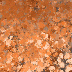 Orange paint splatter effect texture on gray paper background. Artistic backdrop. Different paint drops. Rusted metal.