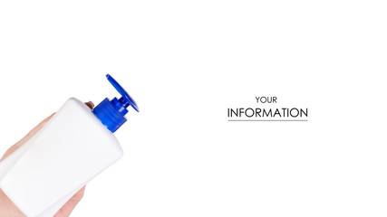 White soap bottle with dispenser in hand pattern on white background isolation
