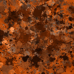 Orange paint splatter effect texture on gray paper background. Artistic backdrop. Different paint drops. Rusted metal.