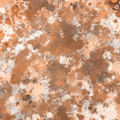 Orange paint splatter effect texture on gray paper background. Artistic backdrop. Different paint drops. Rusted metal.