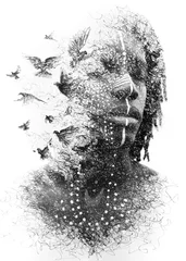 Paintography. Double exposure portrait of a young African American man combined with symbolic handmade drawing of a flock of birds flying away © DAZOKA.com