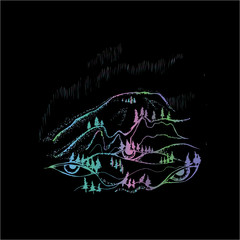 Color neon illustration with eyes on the slopes. Psychedelic picture of the spirit of the earth.