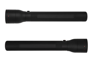 modern black metal flashlight isolated on white