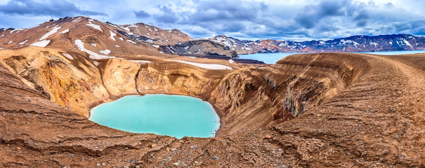 Amazing nature landscape, Viti crater geothermal lake and Oskjuvatn lake in Askja caldera, highlands of Iceland. Scenic panoramic view, outdoor travel background