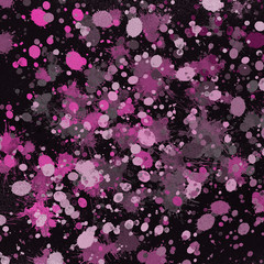Plakat Pink paint splatter effect texture on gray paper background. Artistic backdrop. Different paint drops. Rusted metal.