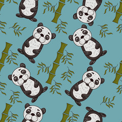 seamless pattern illustration_1_cute Panda painted in childrens style sitting in a thicket of bamboo with leaves