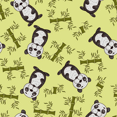 seamless pattern illustration_2_cute Panda painted in childrens style sitting in a thicket of bamboo with leaves