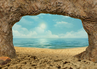 View from the cave to the ocean beach 3d rendering, 3d Illustration