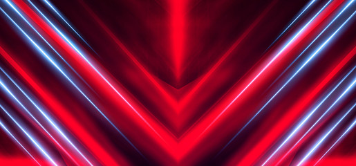 Background wall with neon lines and rays. Background of an empty dark corridor with neon light. Abstract background with lines and glow.