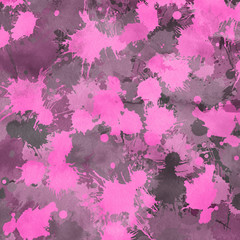 Pink paint splatter effect texture on gray paper background. Artistic backdrop. Different paint drops. Rusted metal.