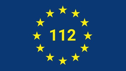 International European 112 Day concept. Europe-wide emergency telephone number 112 and European Union stars sign animation