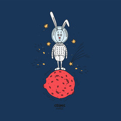 Hare in cosmos vector illustration. Hand-drawn Bunny in a spacesuit is on the red planet, the stars Shine around. Color bright card.