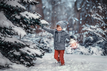Fototapeta na wymiar A little boy in a hat, sweater, gloves and trousers runs in the winter snowy forest with a shining lantern in his hands near the green Christmas tree, smiles