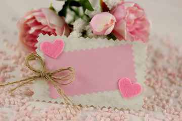 Grusskarte - rosa Rosen mit rosa Herzen