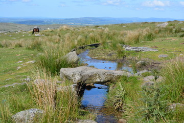 landscape with river, a clapper bridge over Longash Leat, Dartmoor National Park, Devon, England