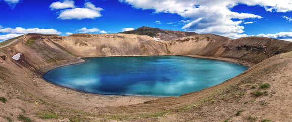 Amazing nature landscape, Viti crater in Krafla caldera, lake with emerald blue colored water,...