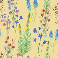 Watercolor painting seamless pattern with beautiful wildflowers, leaves, branches. Meadow illustrastion