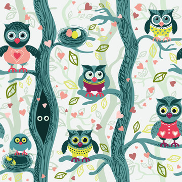 Owls in spring seamless pattern in Scandinavian style. Owls on a tree in a spring forest. Birds waiting for love. Vector background for fabric, textile, wallpaper, posters, gift wrapping paper, napk © Julia