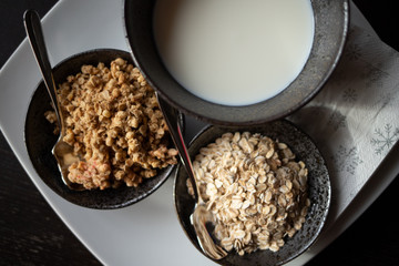 Zdrowe śniadanie muesli płatki mleko w szarych miseczkach © Seance_Photo_Sylwia
