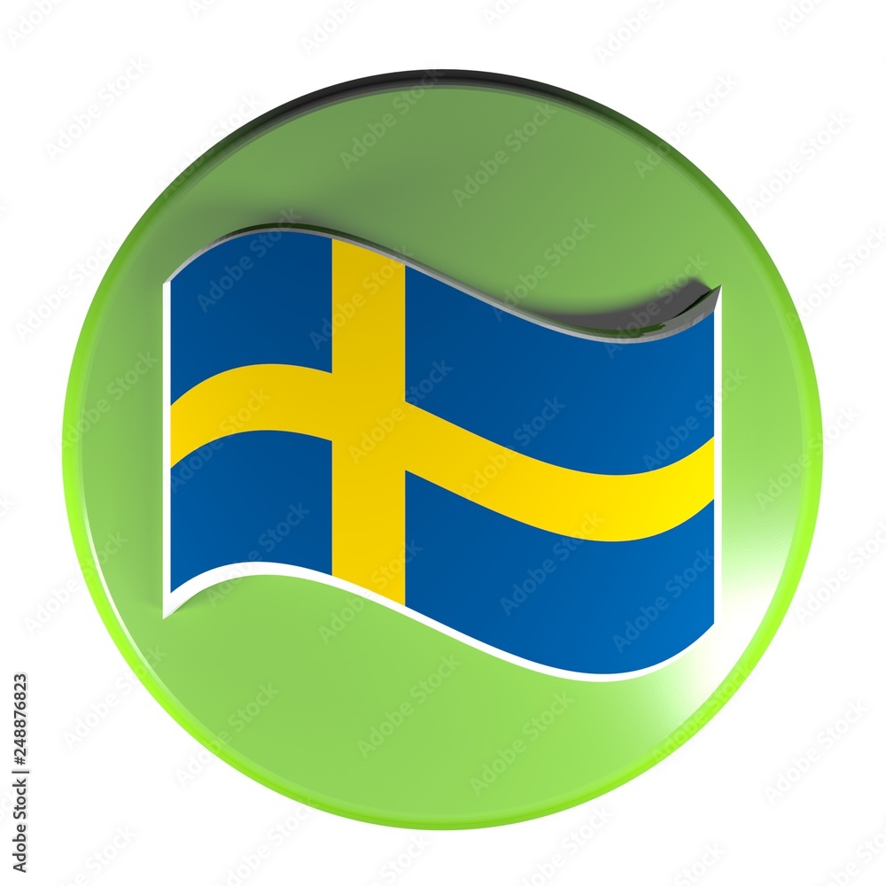 Poster green circle push button sweden flag - 3d rendering illustration