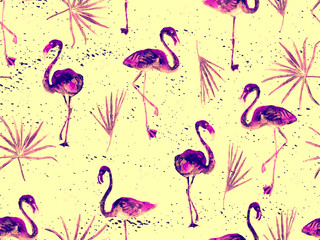 Large flamingo yellow hawaiian seamless pattern.