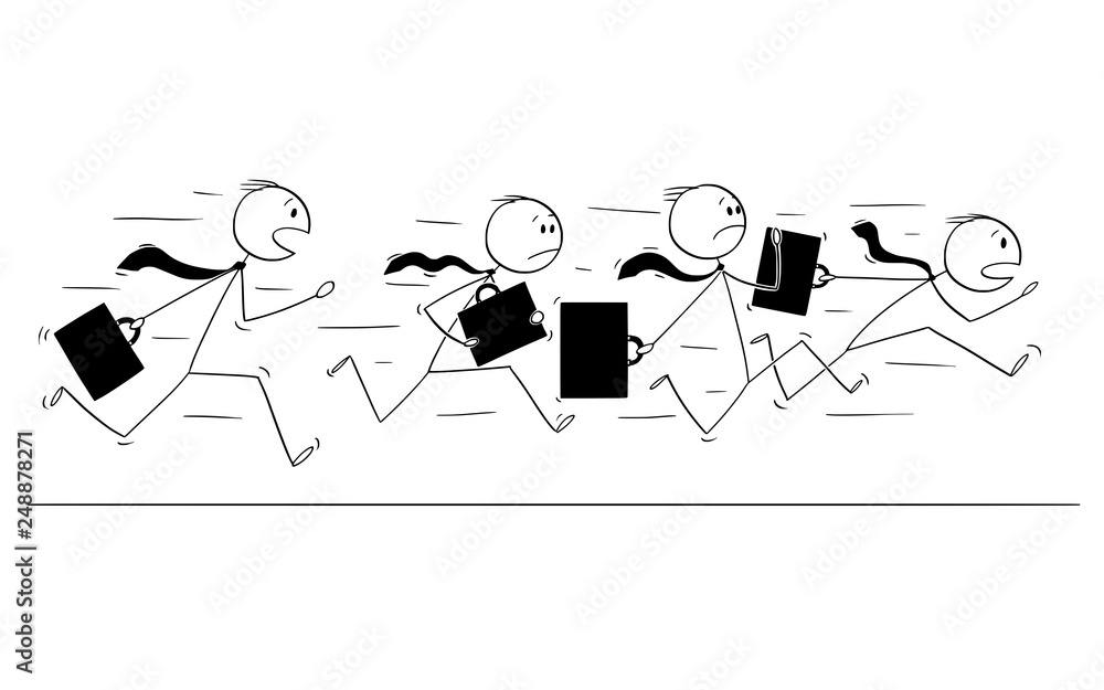 Poster Cartoon stick figure drawing of group of businessmen in suits and briefcases or notebooks running together in panic.