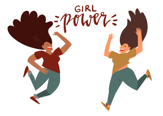 Girl power - celebration card template vector with handwritten lettering and hand drawn illustration of two happy women friends isolated on white.