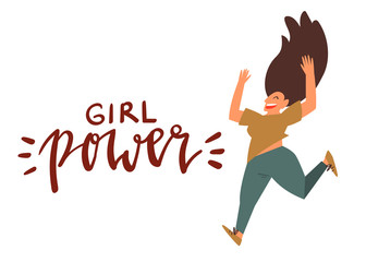 Girl power - celebration card template vector with handwritten lettering and hand drawn illustration of happy woman jumping in air isolated on white.