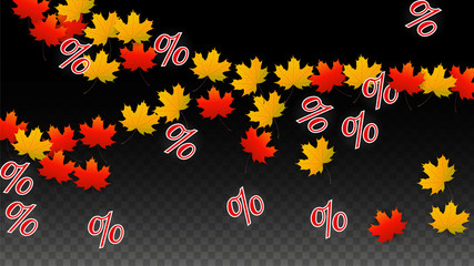 Vector Percentage Sign and Autumn Leaves Confetti on Transparent Background. Percent Sale Background. Business, Economics, Finance Print. Discount Illustration. Promotion poster. Black Friday Banner. 