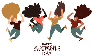 Happy women day - celebration card template with handwritten lettering and hand drawn illustration of group of women jumping in air isolated on white.