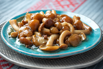 Marinated honey agaric in the plate.