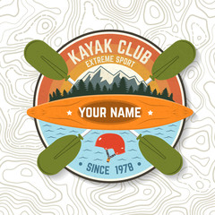 Kayak Club. Vector illustration. Concept for patch, print, stamp or tee. Vintage typography design with mountain, helmet and boat silhouette. Extreme water sport kayak patches