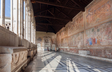 Old fresco on walls of the 13th century Camposanto Monumentale, ancient cemetery of Tuscany