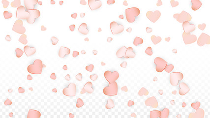 Love Hearts Confetti Falling Background. St. Valentine's Day pattern Romantic Scattered Hearts. Vector Illustration for Cards, Banners, Posters, Flyers for Wedding, Anniversary, Birthday Party, Sales.