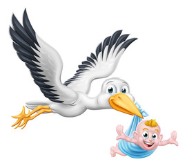 A stork or crane cartoon bird flying through the sky carrying a new born baby as in the pregnancy myth.