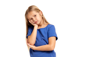 Portrait of adorable emotional little girl isolated on a white