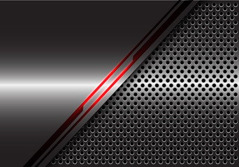 Abstract red light line energy on grey metal with circle mesh design modern futuristic technology background vector illustration.