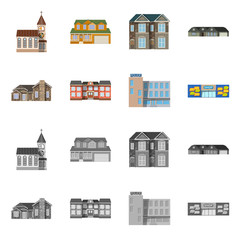 Vector illustration of building and front icon. Set of building and roof stock symbol for web.