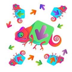 Vector illustration. EPS. Funny chameleons and arrows. A set of illustrations.