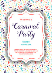 Carnival Party - colorful invitation with hand drawn decorations. Vector