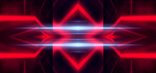 Background wall with neon lines and rays. Background of an empty dark corridor with neon light. 