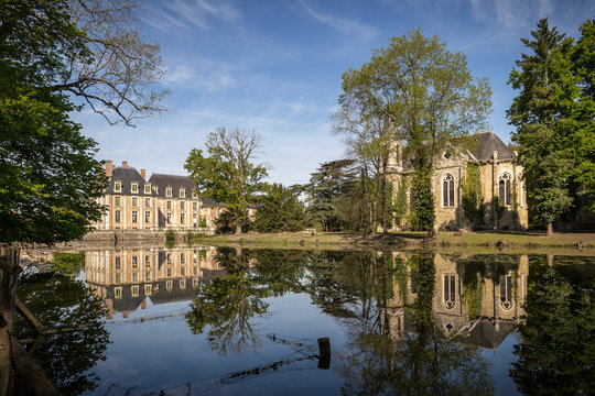 Garden, Lake And Chapel With Chateau-de-la-Ferte Saint-Aubin, France