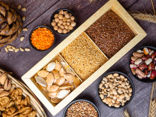 Legumes bean seed , nuts, Food sources of fiber top view