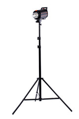 A studio strobe on a light stand. Studio lighting isolated on white background, vertical image. Modern professional photo studio equipment.
