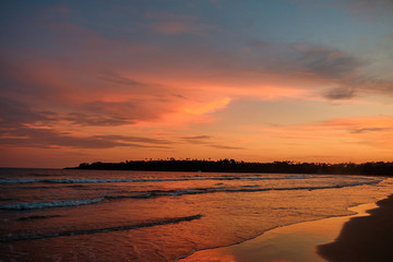 Fototapeta na wymiar Tropical Sunset Palm Silhouette Landscape. Sri Lanka Beach