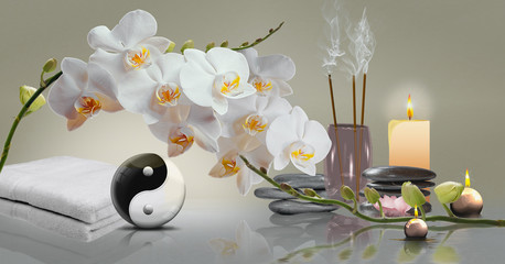 Wandbild mit Orchideen und Wellness, Yin and Yang mit Duftstäbchen und Handtuch