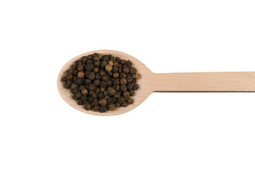 pepper peppercorns on wooden spoon isolated on white background