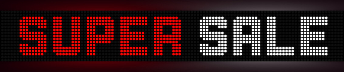 Super sale digital promo banner. Signboard with shiny red and white text.