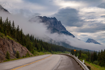 Highway 40 in Kananaskis Country, Alberta, Canada on a gloomy rainy day