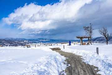 Snowy countryside view in the winter of Japan.